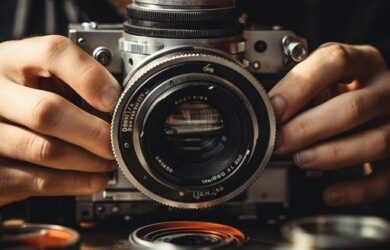 Fotograf justerer objektivet på et manuelt kamera